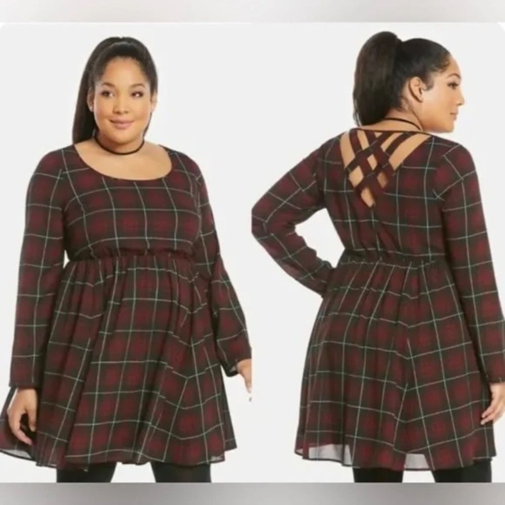 Torrid NWT Maroon/Black Plaid Lattice Back Skater Dress Sz 2/2X